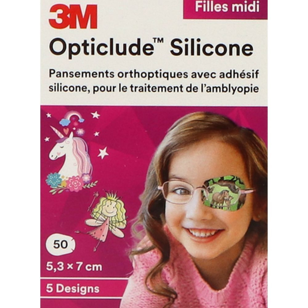 Pansements 3M Opticlude Silicone, 5,3 x 7,0 cm, 50 unités. Designs pour filles. Image d'une fille avec un pansement sur l'œil.