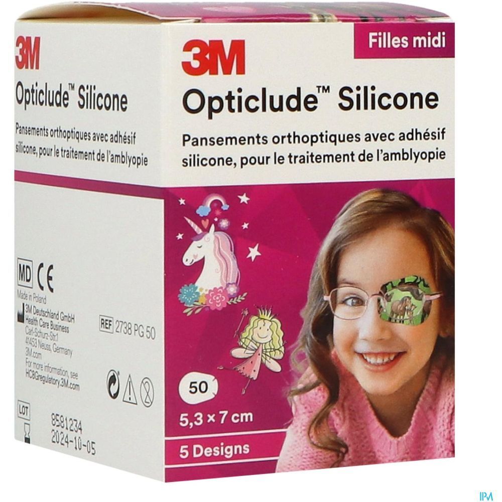 Boîte de pansements 3M Opticlude Silicone. 50 unités, 5,3 x 7,0 cm. Designs pour filles. Marquage CE. Image d'une fille.