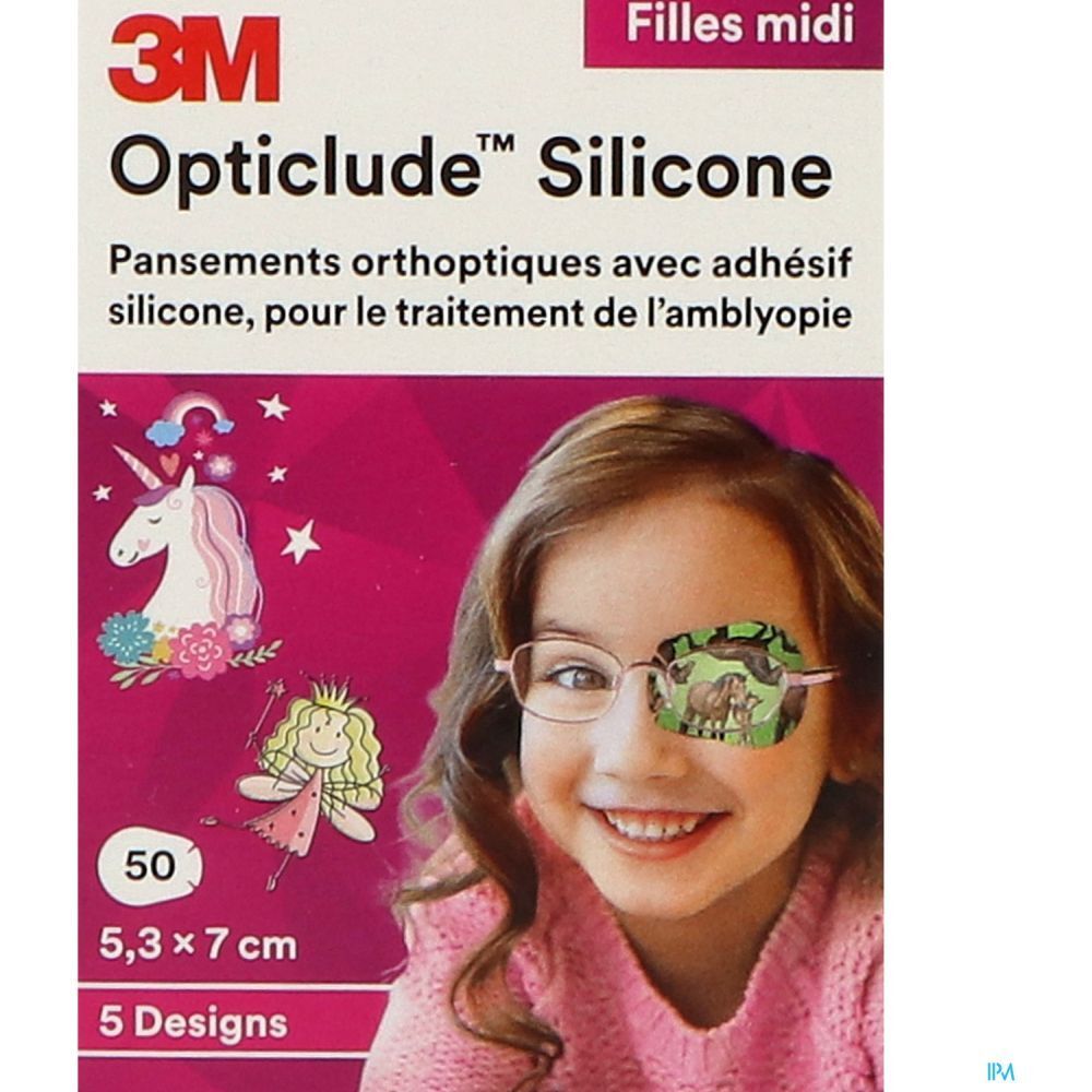 Pansements 3M Opticlude Silicone, 5,3 x 7,0 cm, 50 unités. Designs pour filles. Image d'une fille avec un pansement sur l'œil.