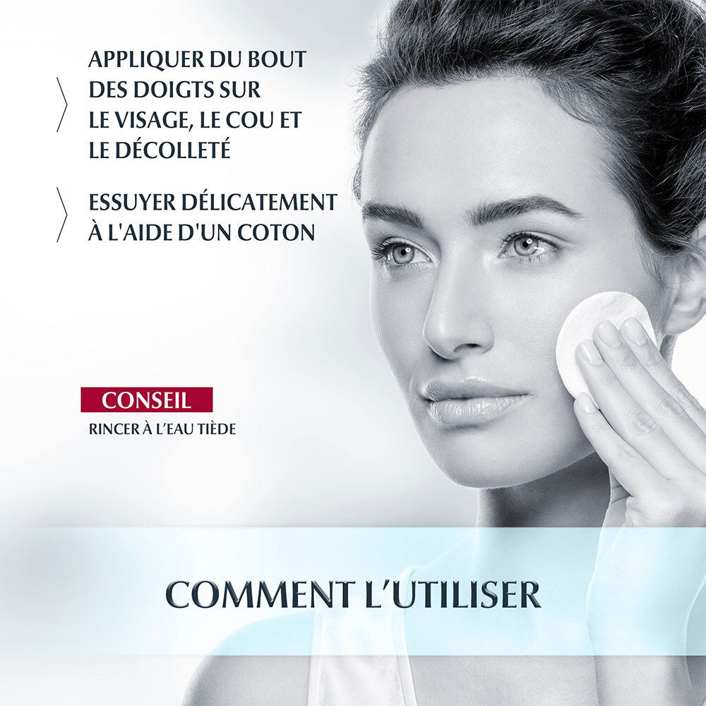 Femme nettoie son visage avec un coton. Texte: Comment l'utiliser. Eucerin DermatoCLEAN [HYALURON]. Étiquettes bleues et blanches.