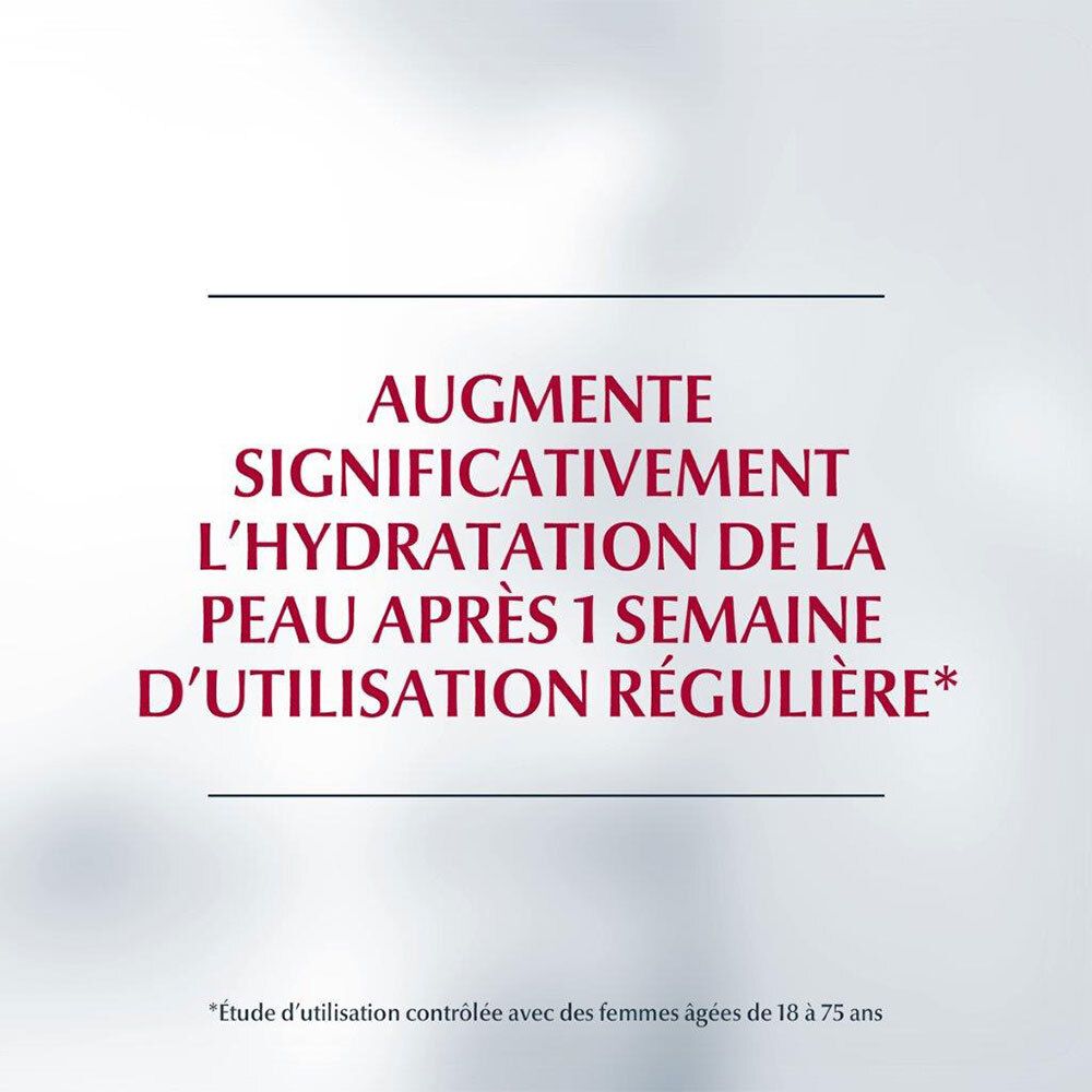 Texte: Augmente l'hydratation de la peau après 1 semaine. Eucerin DermatoCLEAN [HYALURON]. Fond blanc.