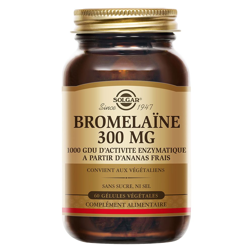 Flacon en verre brun avec bouchon doré. Étiquette avec logo SOLGAR et nom du produit Bromelaïne 300 MG.