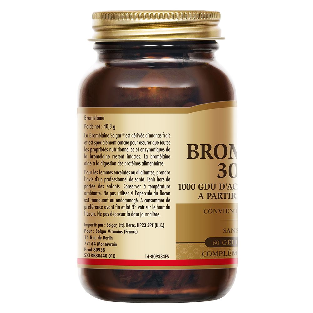 Dos du flacon de Bromelaïne. Étiquette avec informations sur le produit, ingrédients et adresse du fabricant.