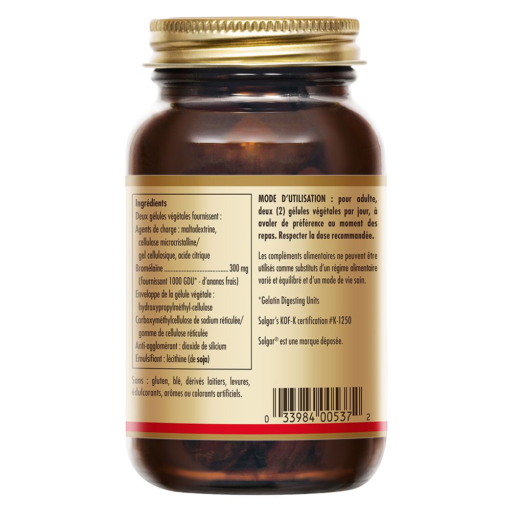 Dos du flacon de Bromelaïne. Étiquette avec ingrédients, mode d'emploi et certifications.