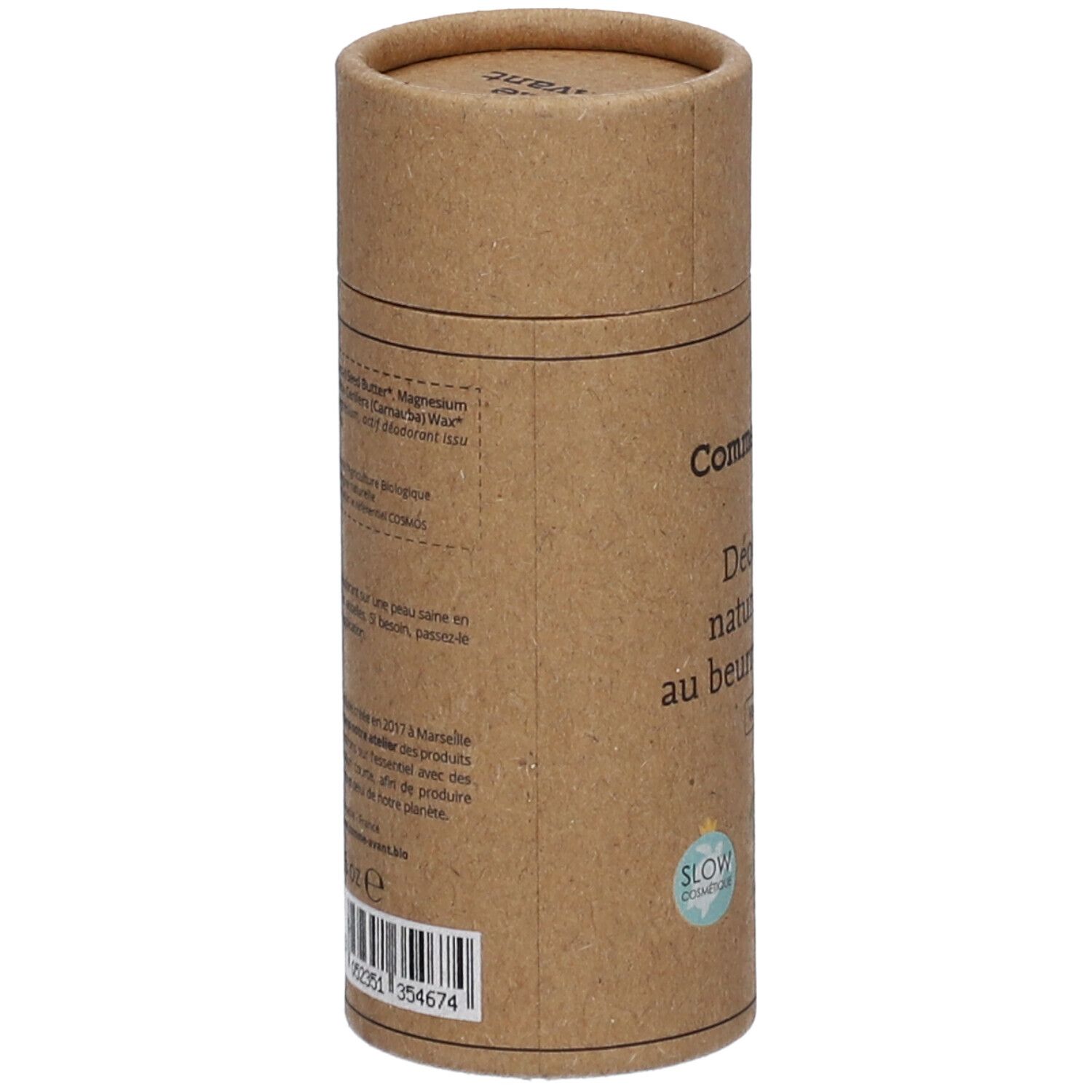 Emballage cylindrique en carton. Inscription: Comme Avant, Déodorant naturel solide au beurre de Cacao. Texte et code-barres sur le côté.