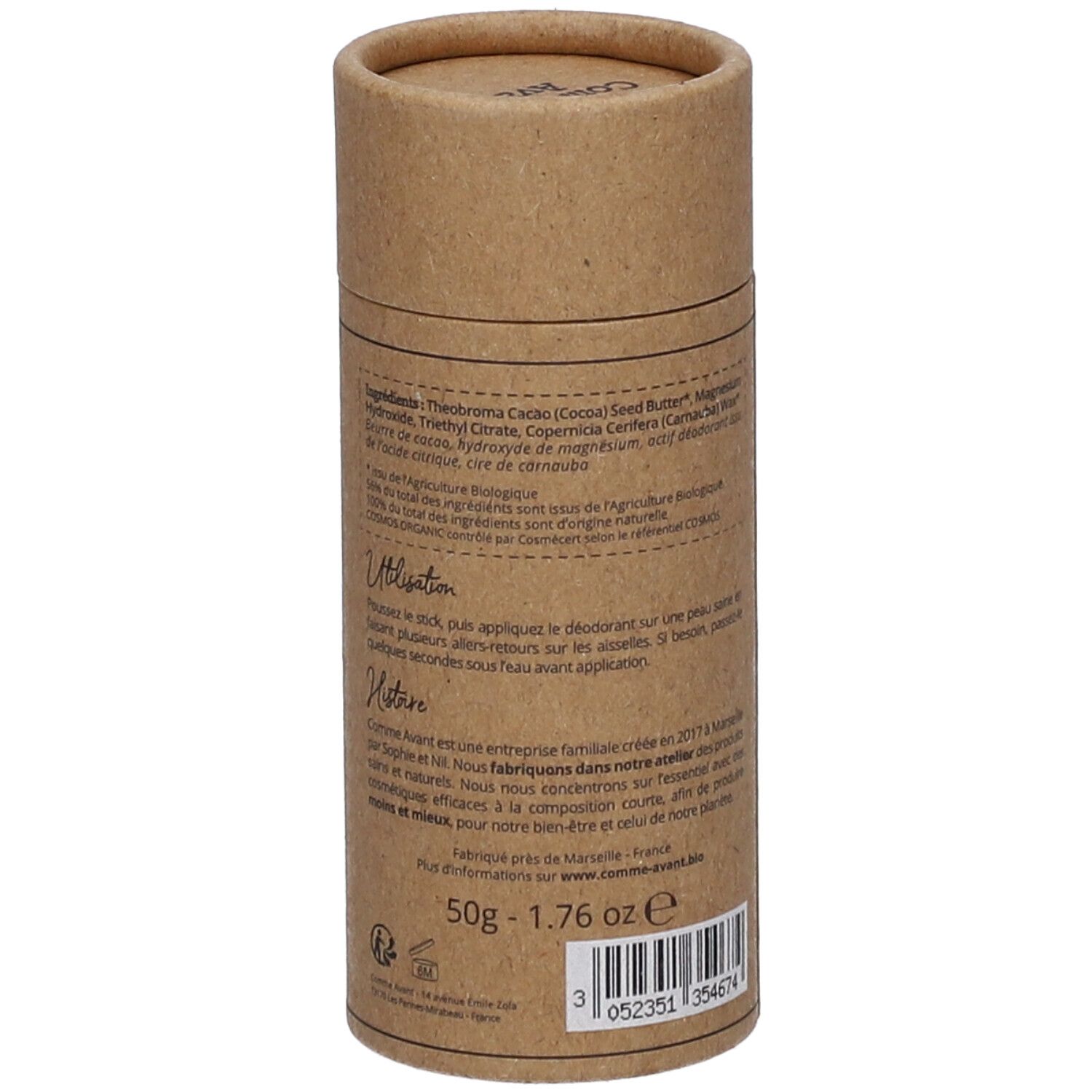 Emballage cylindrique en carton. Inscription: Ingrédients, utilisation, origine. Poids: 50g - 1.76 oz. Certification bio.