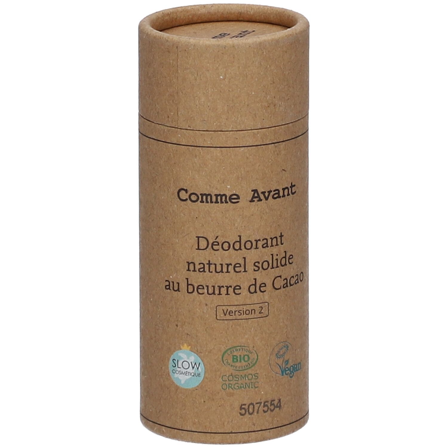 Emballage cylindrique en carton. Inscription: Comme Avant, Déodorant naturel solide au beurre de Cacao. Version 2. Labels bio.