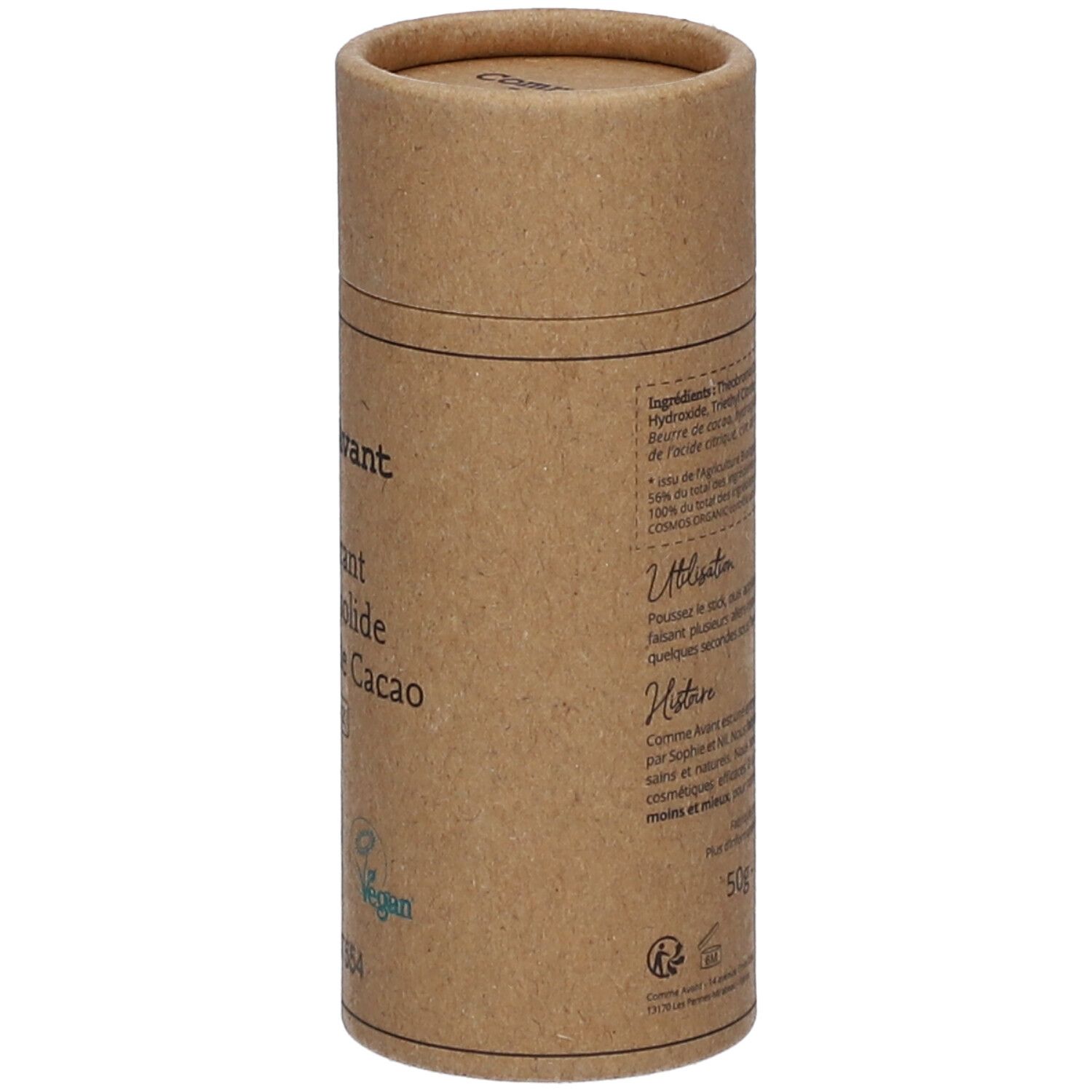 Emballage cylindrique en carton. Inscription: Comme Avant, Déodorant naturel solide au beurre de Cacao. Label vegan. Texte latéral.