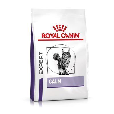 Verpackung mit Logo und Produktbezeichnung. Abbildung einer Katze. Text: EXPERT, CALM. Marke: ROYAL CANIN.