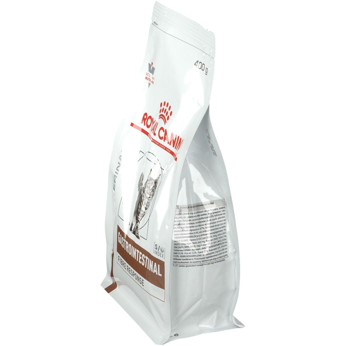 Beutel ROYAL CANIN Gastro-Intestinal Fibre Response Katze. Seitenansicht. Weiß, braun. Text, Logo, 400g.