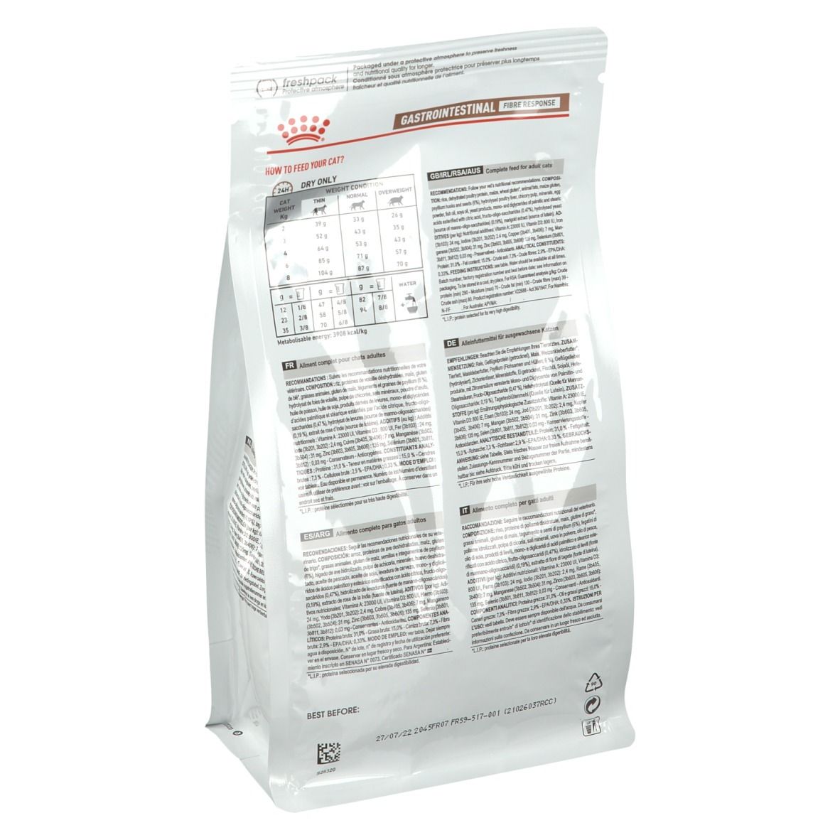 Rückseite des Beutels ROYAL CANIN Gastro-Intestinal Fibre Response Katze. Text, Tabellen, Logo. Weiß.