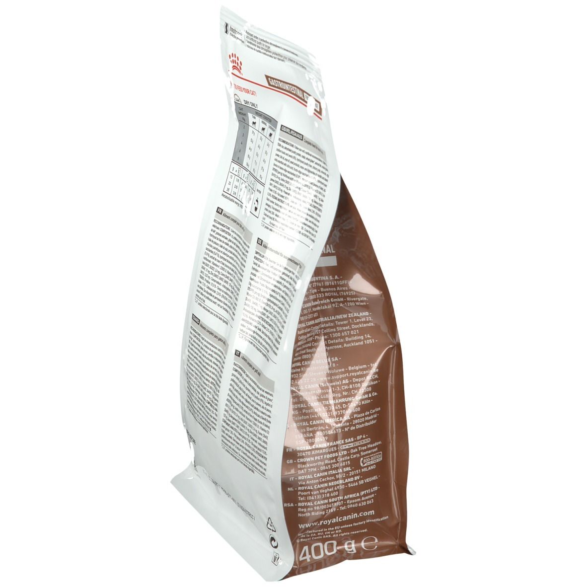 Beutel ROYAL CANIN Gastro-Intestinal Fibre Response Katze. Seitenansicht. Text, Logo, 400g. Weiß, braun.