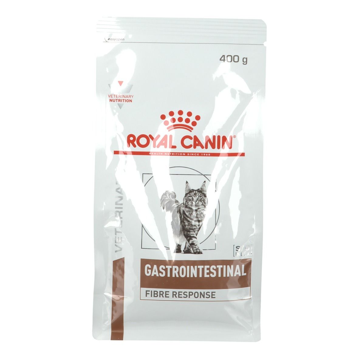 Beutel ROYAL CANIN Gastro-Intestinal Fibre Response Katze. Vorderansicht. Logo, Katze, Text. 400g.
