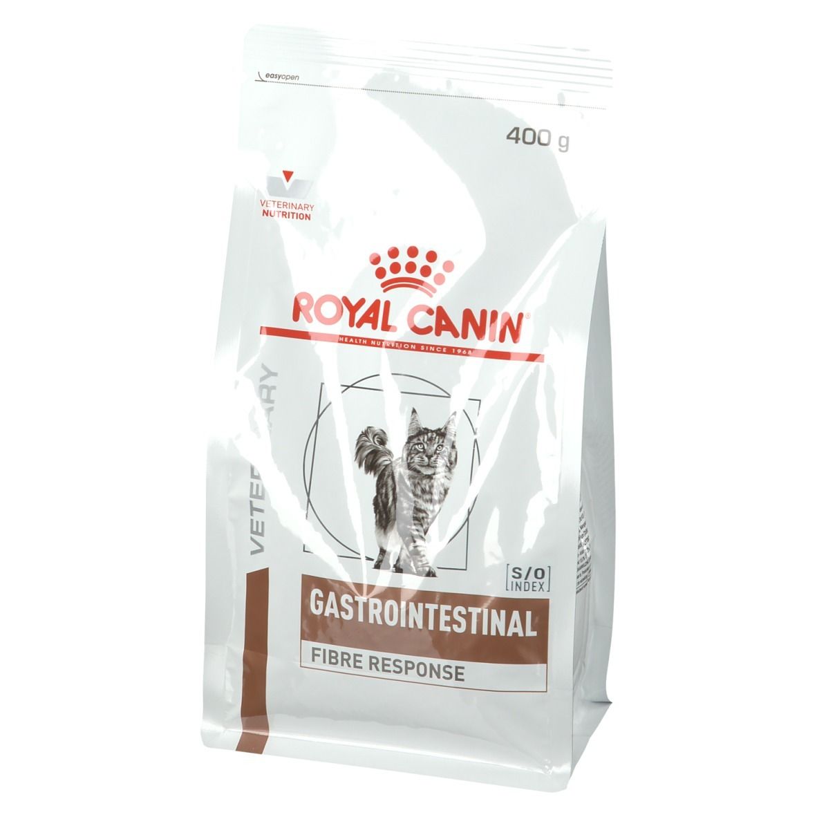 Beutel ROYAL CANIN Gastro-Intestinal Fibre Response Katze. Vorderansicht. Logo, Katze, Text. 400g.