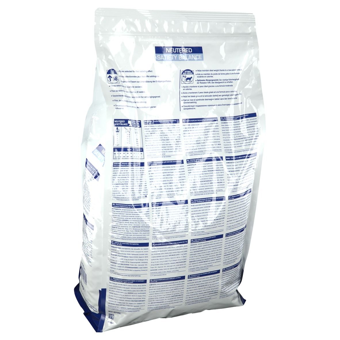 Rückansicht des ROYAL CANIN Neutered Satiety Balance Katze Beutels. Text und Tabellen. Transparente Verpackung.
