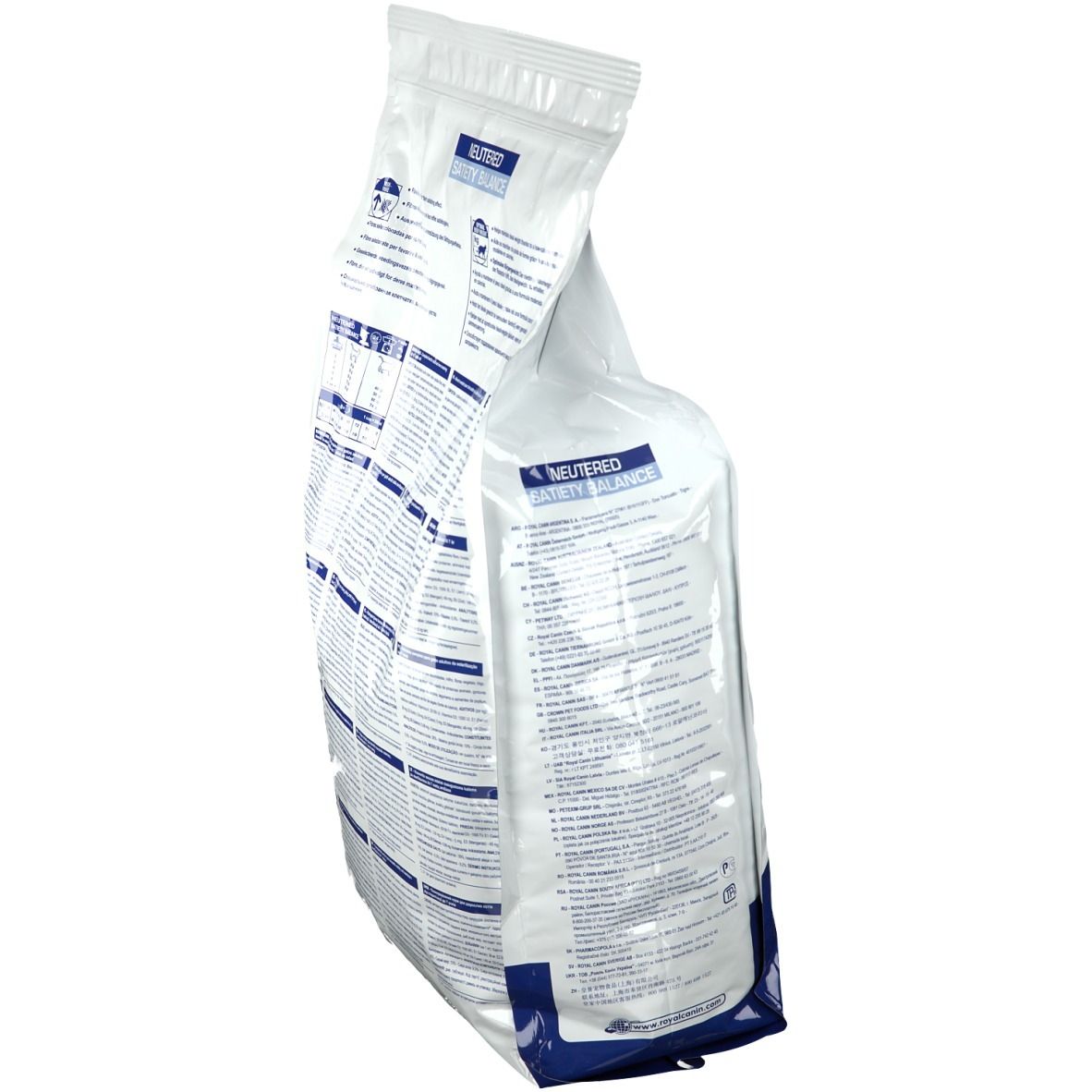 Seitenansicht des ROYAL CANIN Neutered Satiety Balance Katze Beutels. Text und Tabellen. Transparente Verpackung.