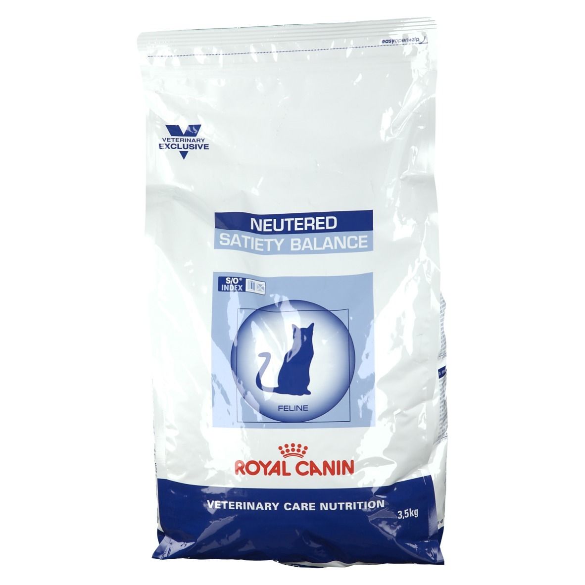 Beutel ROYAL CANIN Neutered Satiety Balance Katze. Logo, Text: Neutered, Satiety Balance. Abbildung Katze. 3,5 kg.