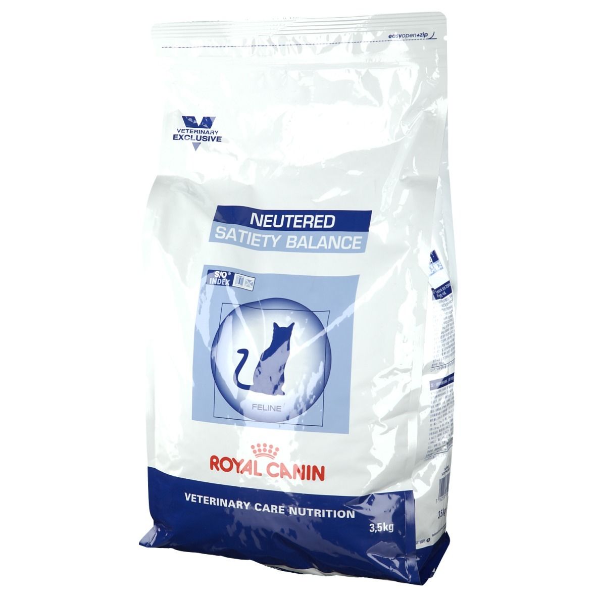 Beutel ROYAL CANIN Neutered Satiety Balance Katze. Logo, Text: Neutered, Satiety Balance. Abbildung Katze. 3,5 kg.