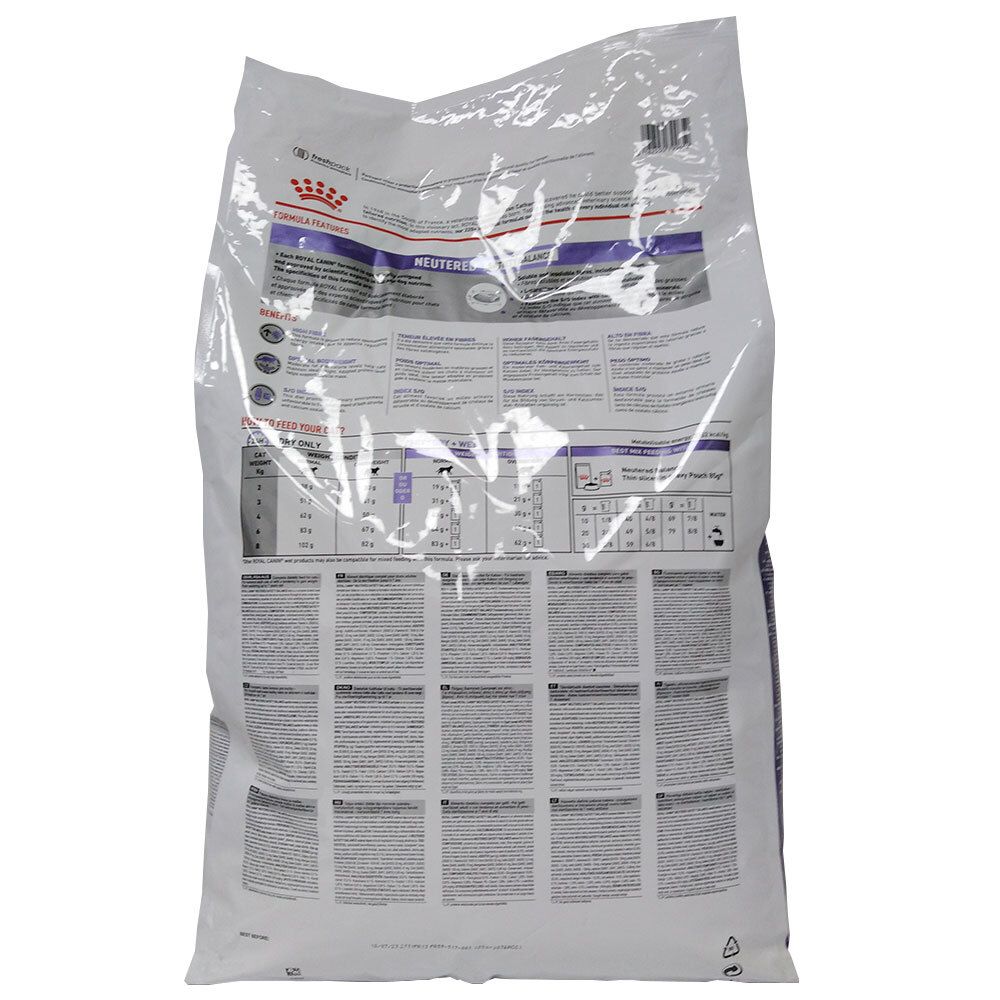 Dos du sac ROYAL CANIN® Neutered Satiety Balance Katze. Texte et tableaux d'informations.