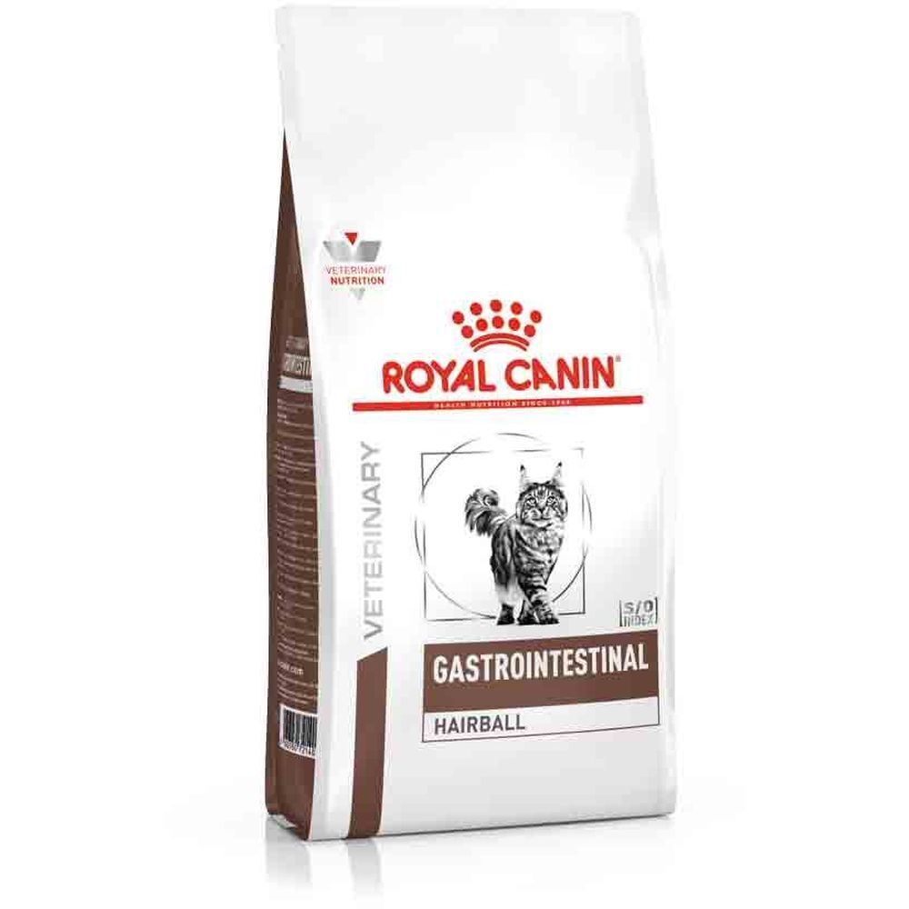 Sac Royal Canin Gastrointestinal Hairball. Logo, chat, texte. Alimentation vétérinaire.