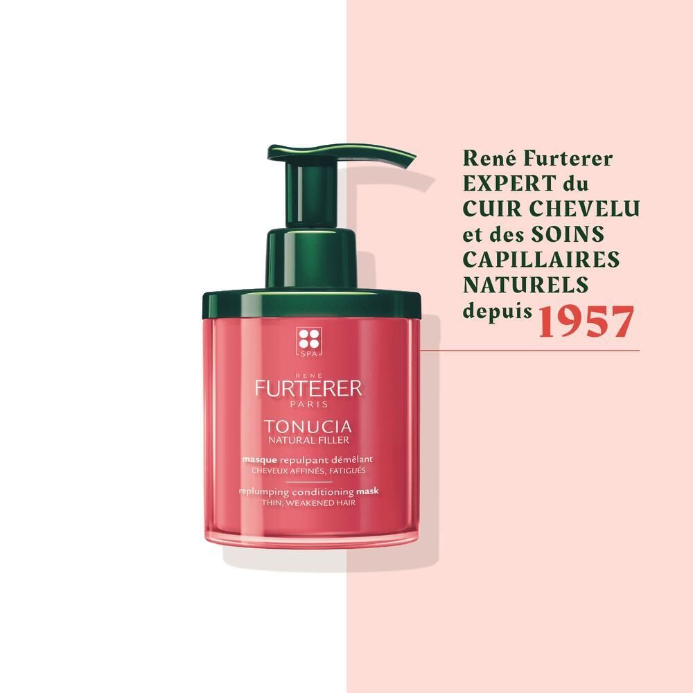 Flacon rose avec pompe. Inscription: RENE FURTERER, TONUCIA NATURAL FILLER. Texte: EXPERT DU CUIR CHEVELU.