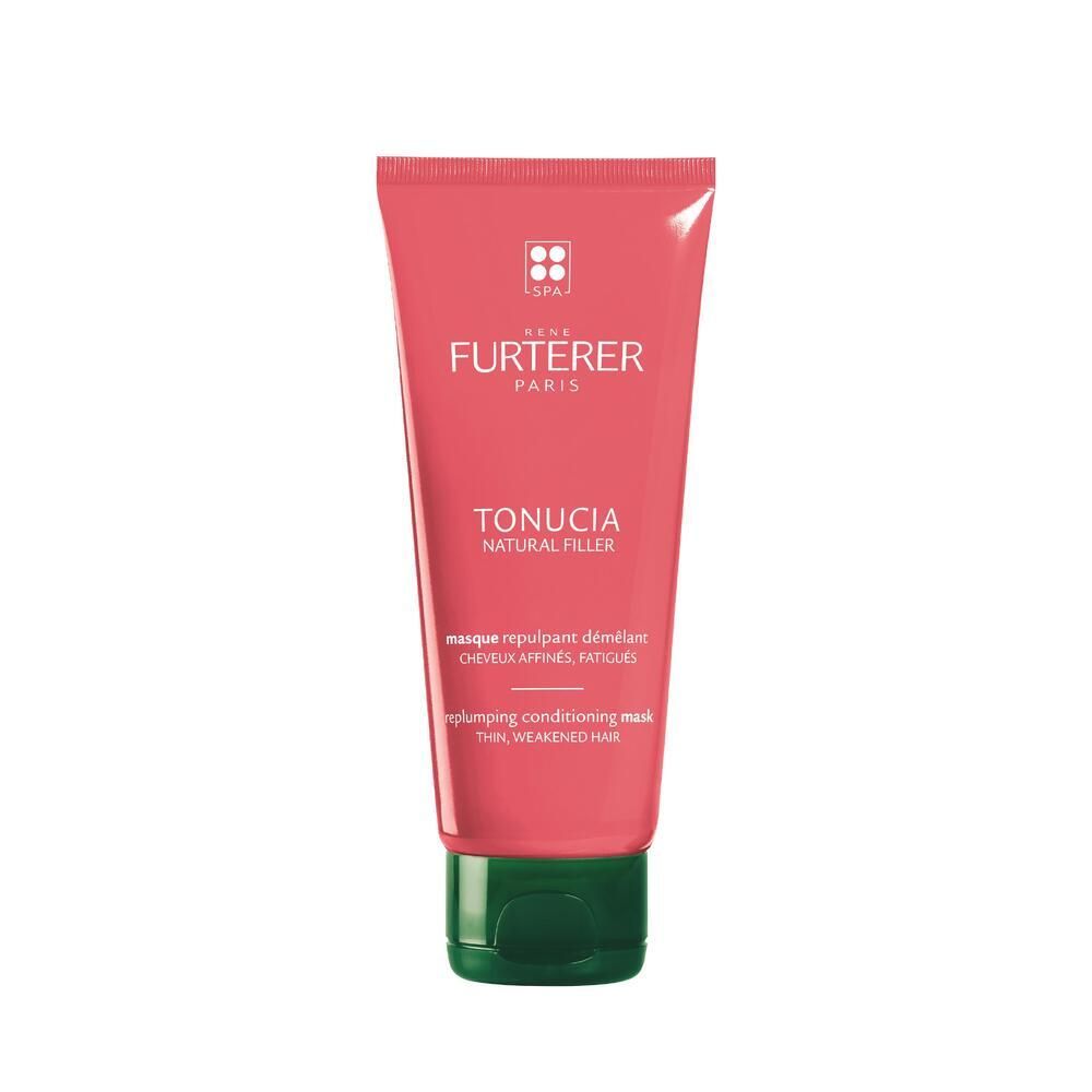Tube rouge et bouchon vert. René Furterer TONUCIA. Masque démêlant. Texte.