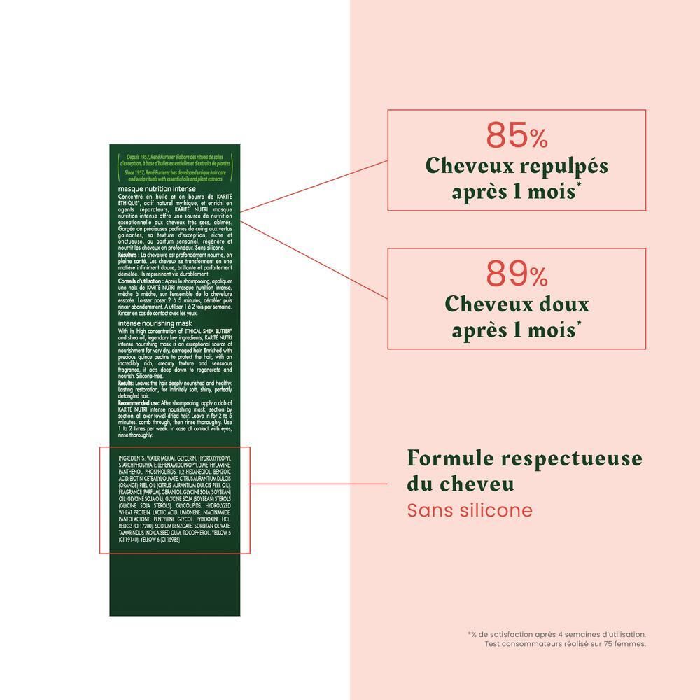 Boîte verte. Texte avec ingrédients et résultats. Sans silicone.