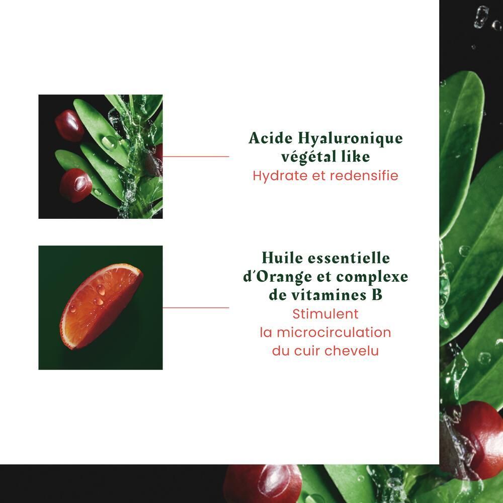 Gros plan. Acide hyaluronique et huile essentielle d'orange. Texte.