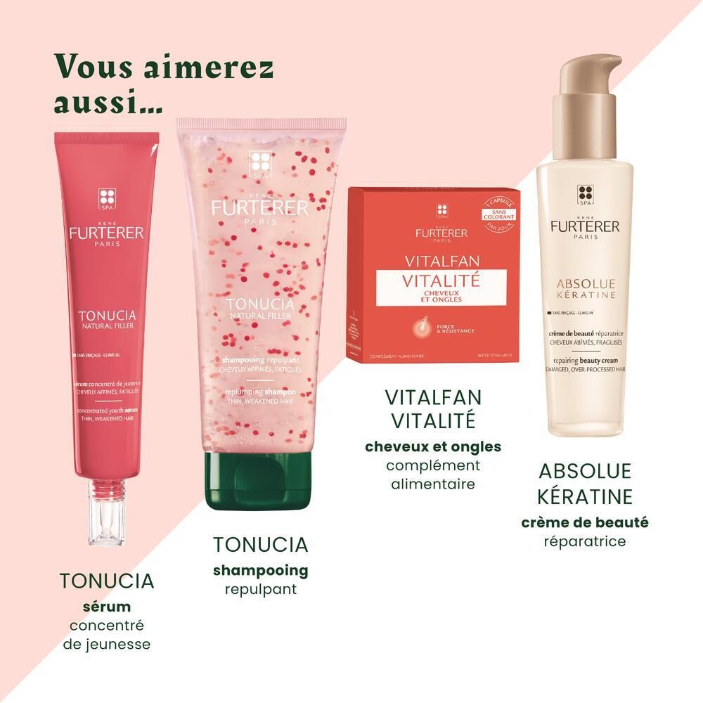 Différents produits. Sérum TONUCIA, shampooing, Vitalfan, Absolue Kératine.