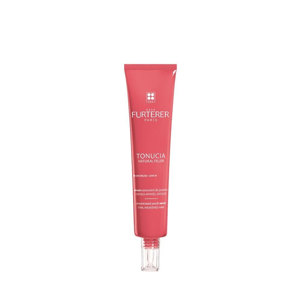Tube rouge avec produit. Inscription : RENE FURTERER TONUCIA NATURAL FILLER. Avec applicateur.
