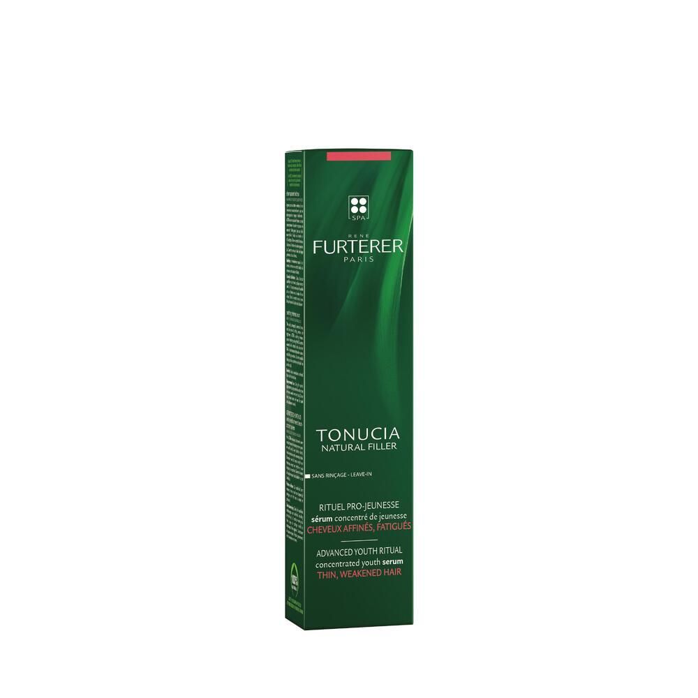Emballage vert avec produit. Inscription : RENE FURTERER TONUCIA NATURAL FILLER. Texte multilingue.