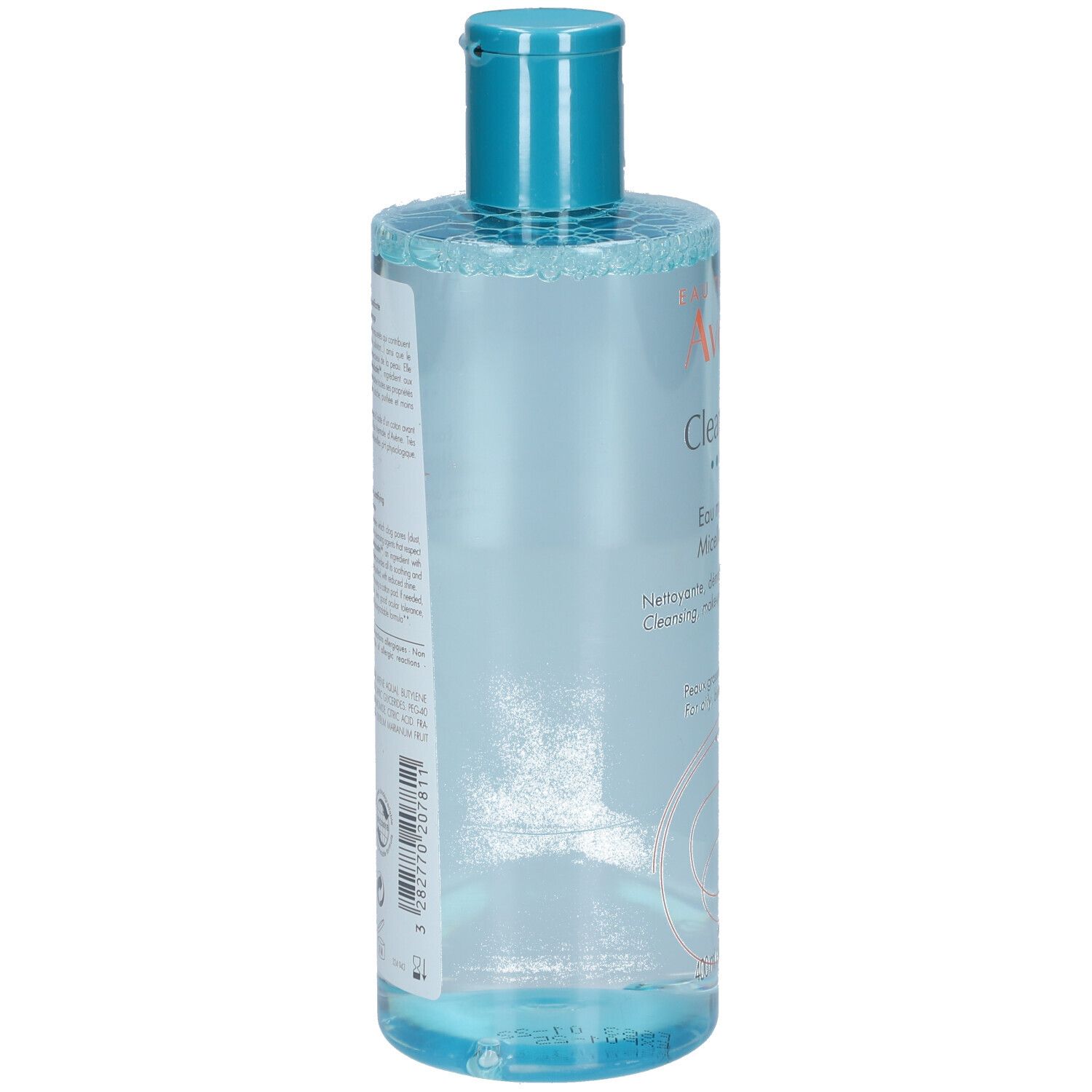 Dos du flacon Avène Cleanance. Liquide transparent. Étiquette avec informations produit. Bouchon bleu.