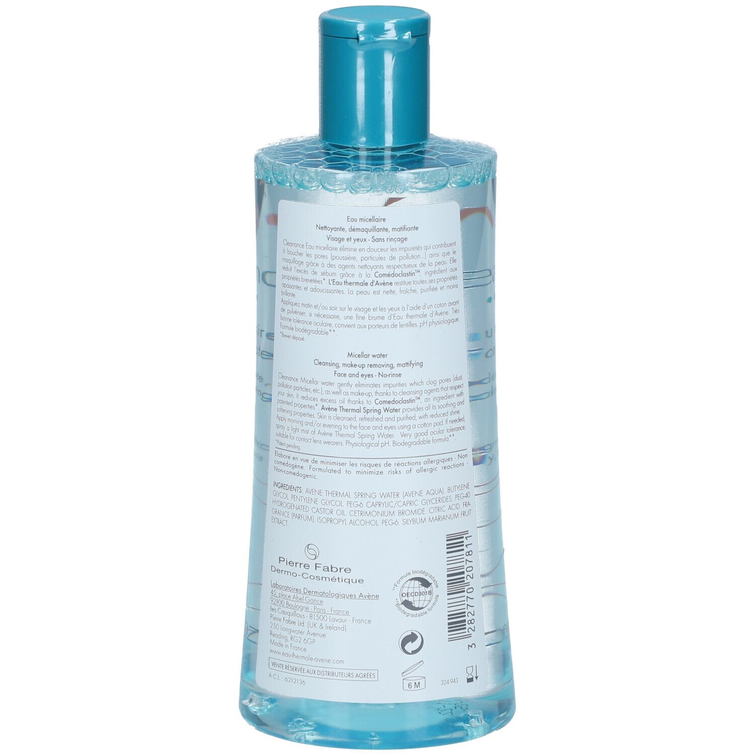 Dos du flacon Avène Cleanance. Étiquette avec informations produit et ingrédients. Bouchon bleu.