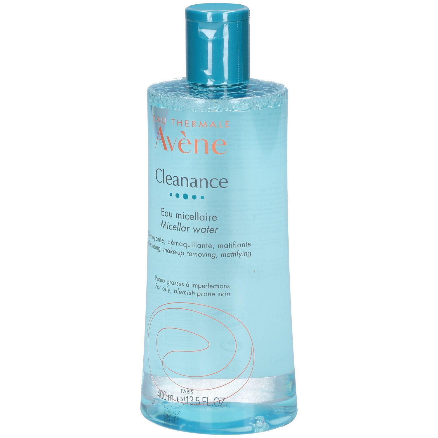 Flacon transparent d'Avène Cleanance. Bouchon bleu. Nom du produit et description sur l'étiquette. Eau micellaire.