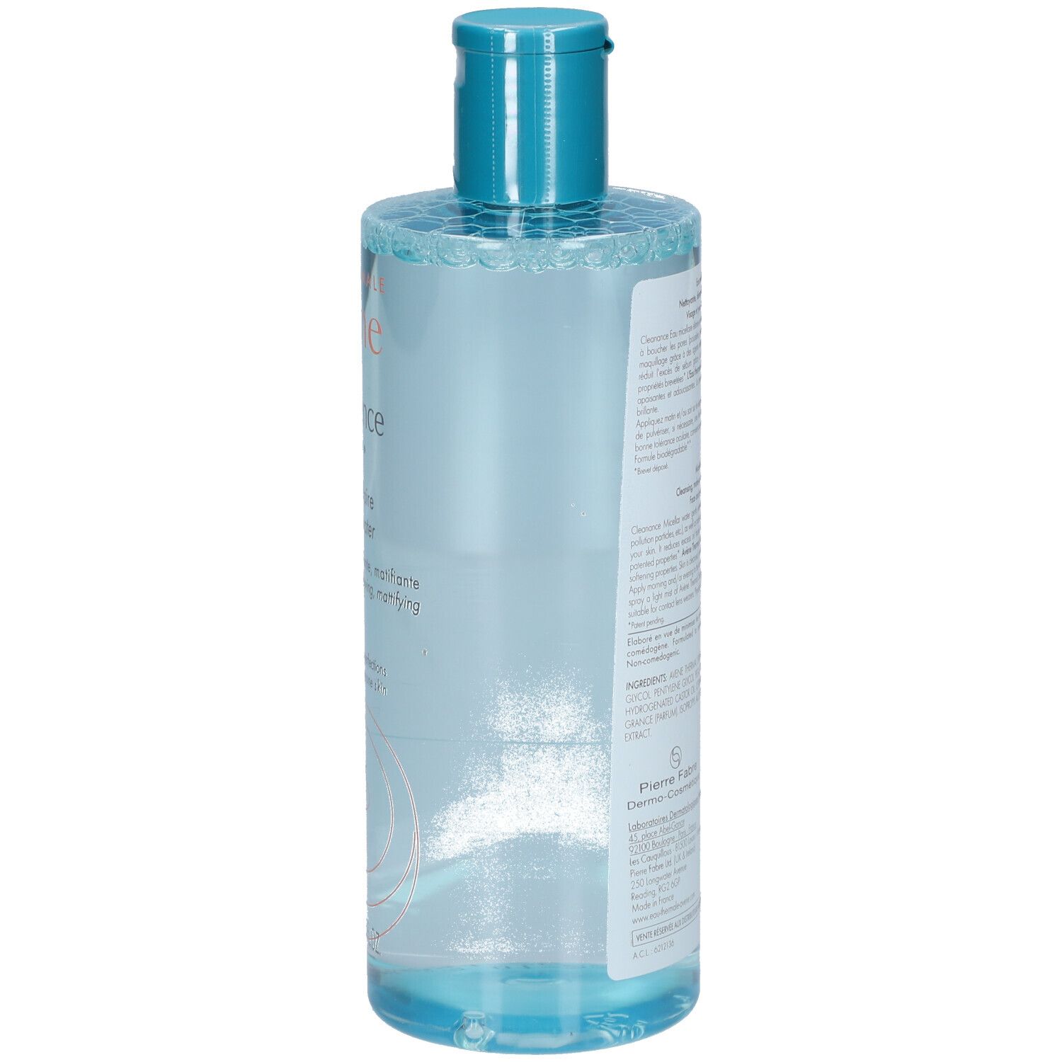 Dos du flacon Avène Cleanance. Liquide transparent. Étiquette avec informations produit. Bouchon bleu.
