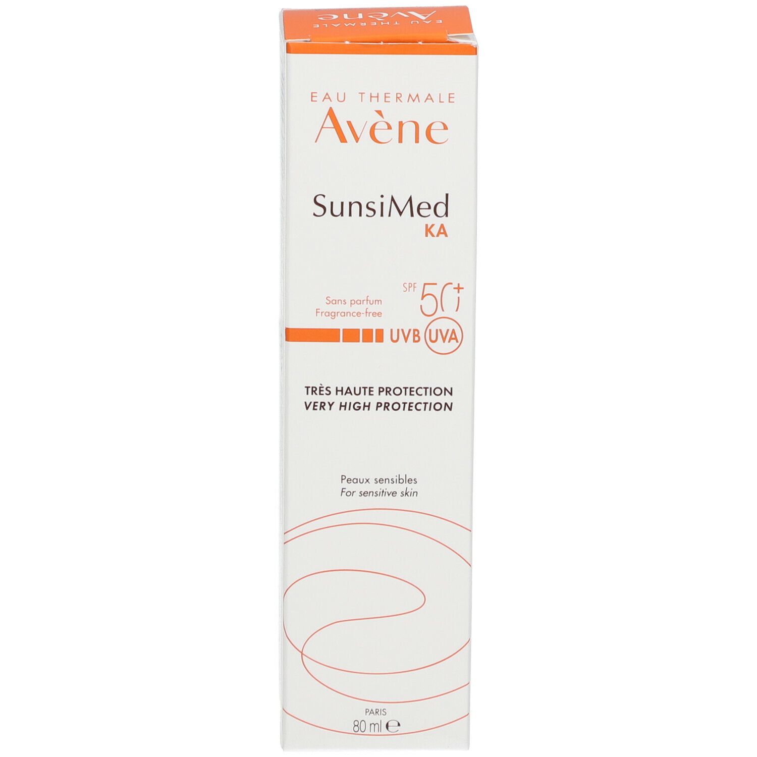 Produktverpackung. Text: Avène, SunsiMed KA, SPF 50+, UVA/UVB. Für empfindliche Haut. 80 ml.