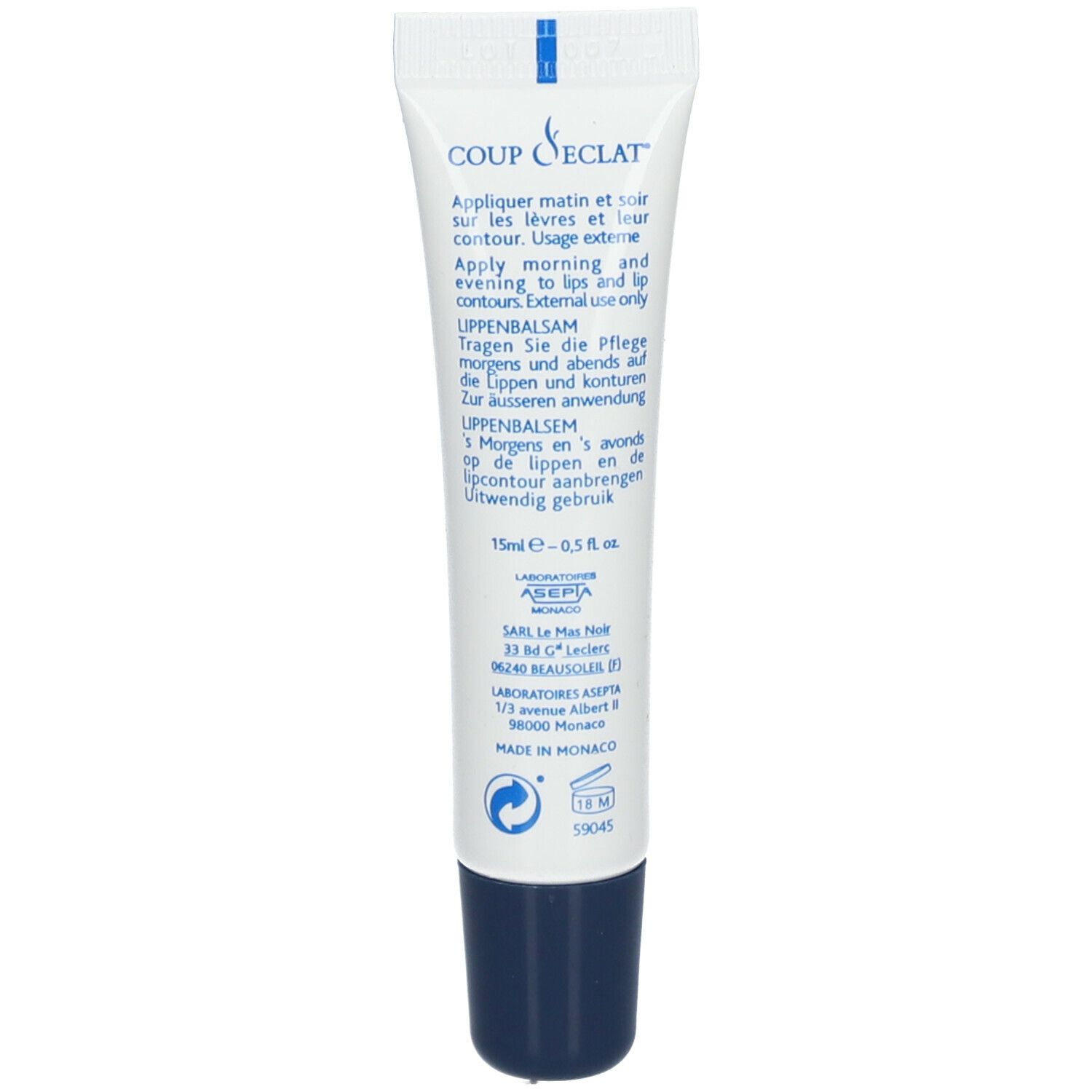 Rückseite der Lippenbalsam-Tube. Text: Anwendung, Lippenbalsam, 15ml, Laboratoires Asepta, Made in Monaco.