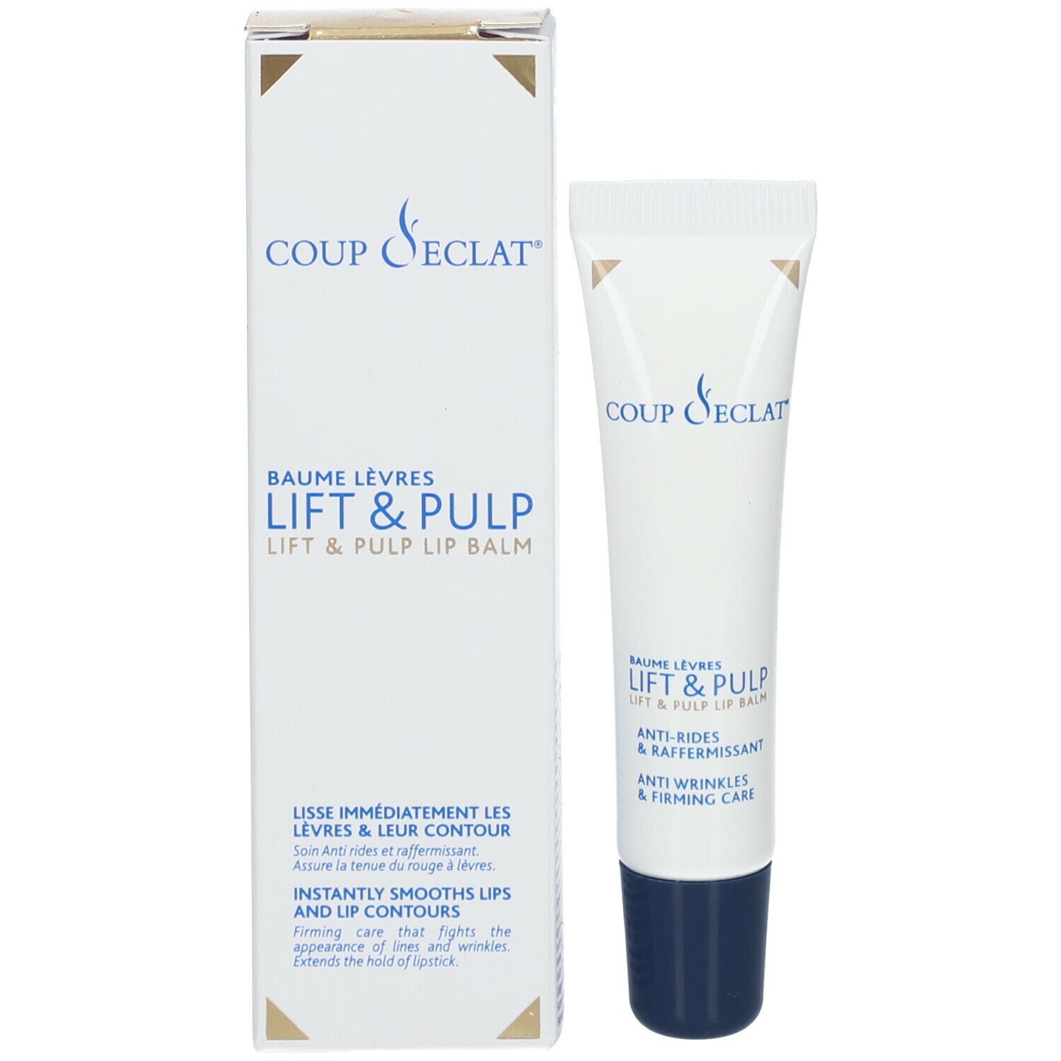 Produktverpackung und Lippenbalsam-Tube. Verpackung: Coup d'Éclat, Lift & Pulp, glättet Lippen, Anti-Falten-Pflege.