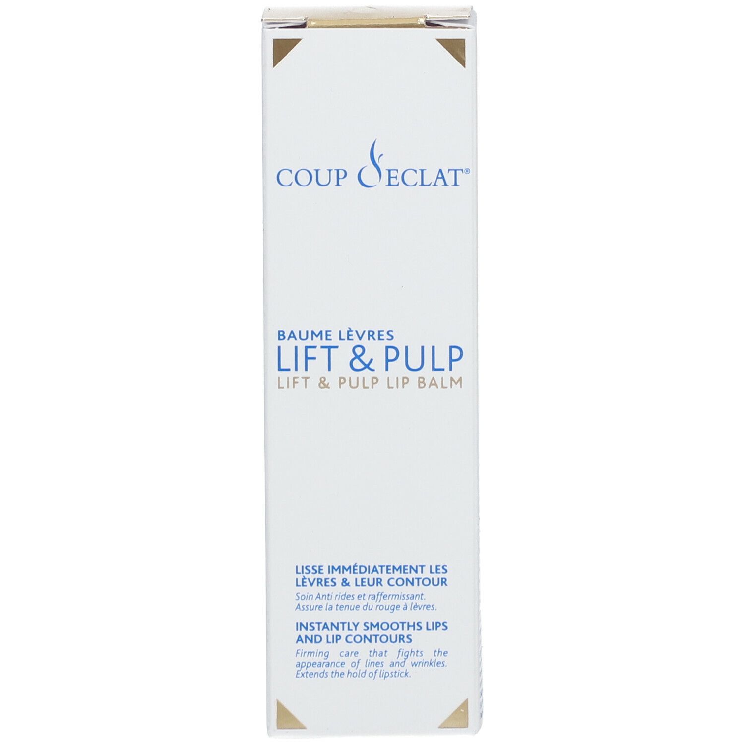 Produktverpackung. Text: Coup d'Éclat, Lift & Pulp, glättet Lippen, Anti-Falten-Pflege. Weiß mit goldenen Akzenten.