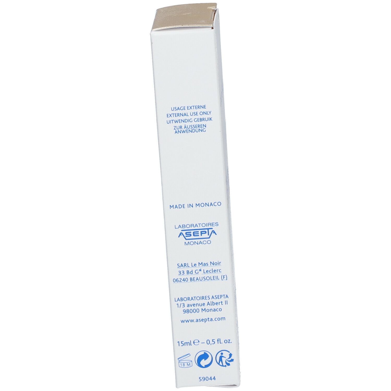 Seite der Produktverpackung. Text: Anwendung, Laboratoires Asepta, 15ml, Made in Monaco.