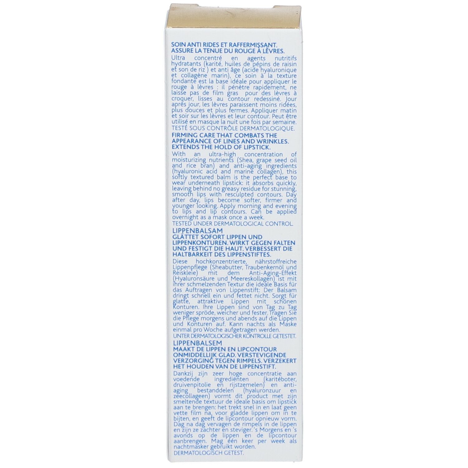 Text auf der Produktverpackung. Beschreibung der Inhaltsstoffe und Anwendung des Lippenbalsams.