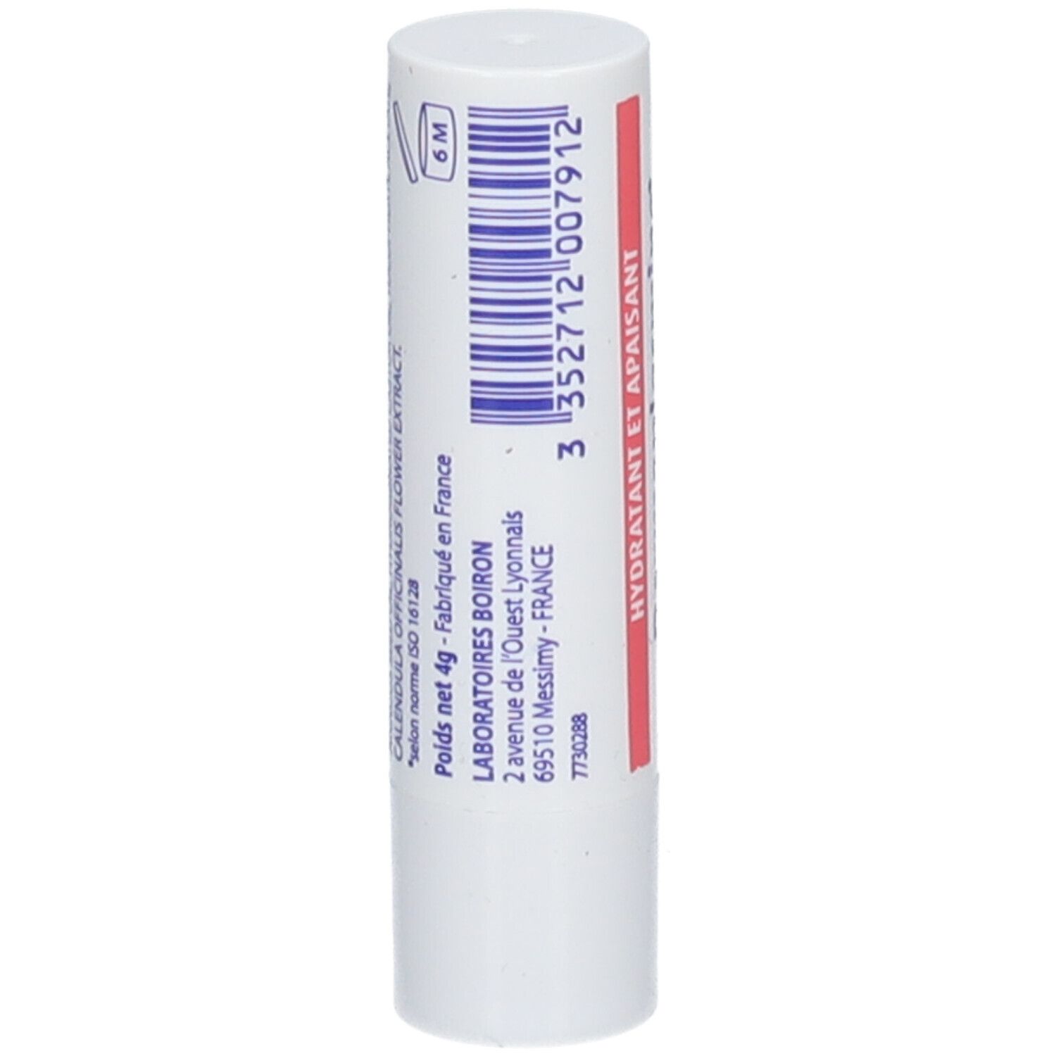 Stick lèvres blanc avec code-barres et texte. Informations fabricant et durée d'utilisation.
