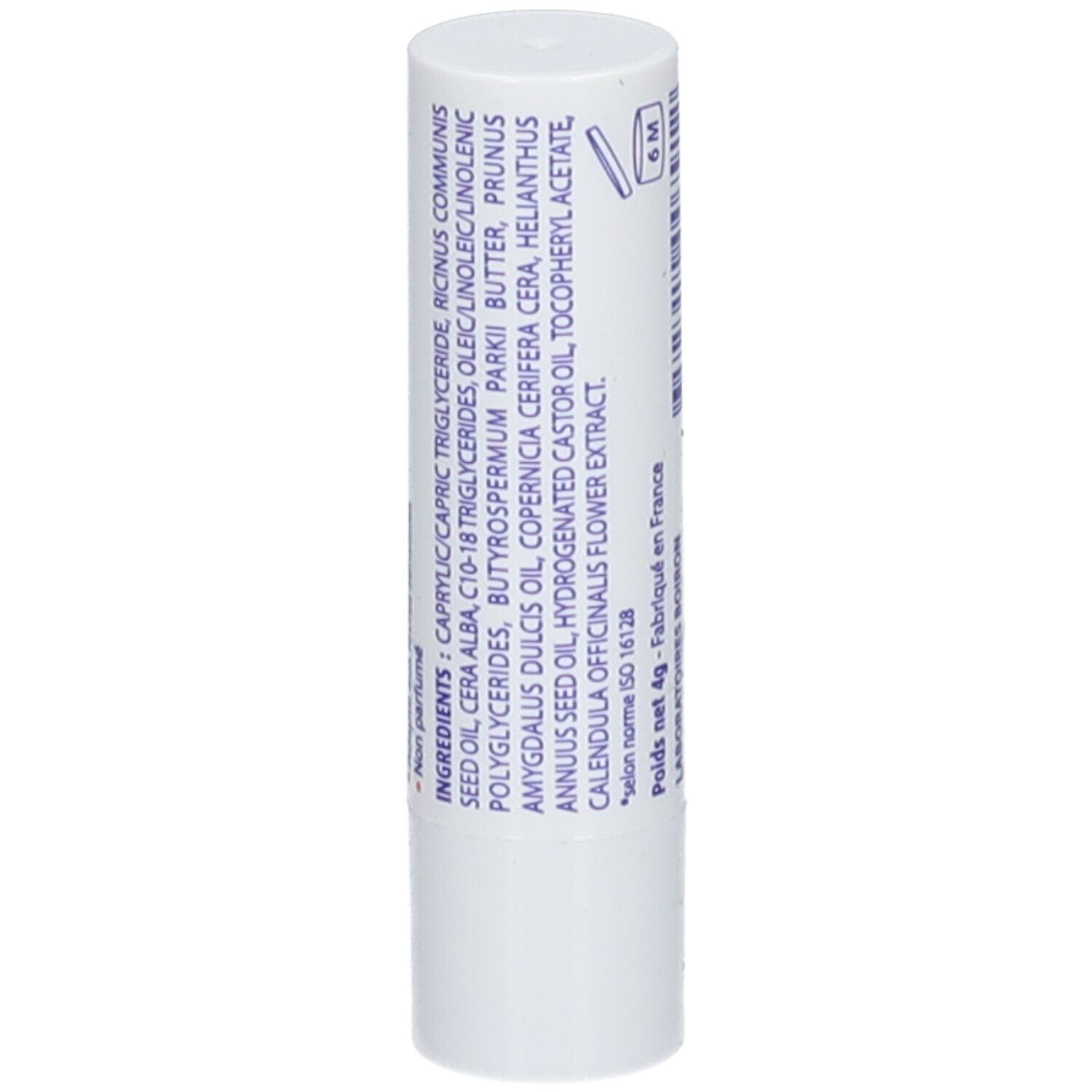 Stick lèvres blanc avec liste d'ingrédients. Texte en bleu.
