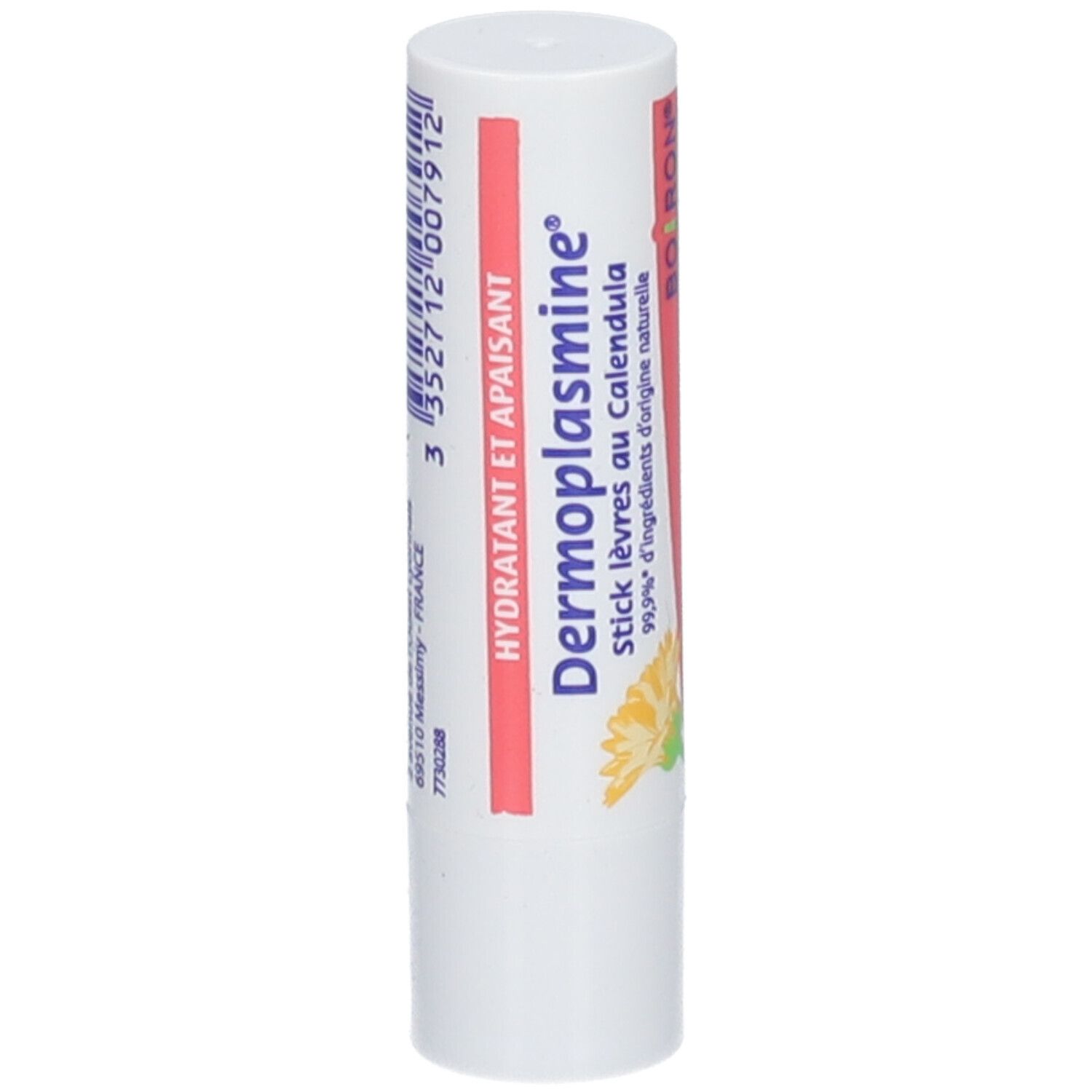 Stick lèvres Dermoplasmine au Calendula. Emballage blanc avec texte bleu et rouge, illustration de fleur.