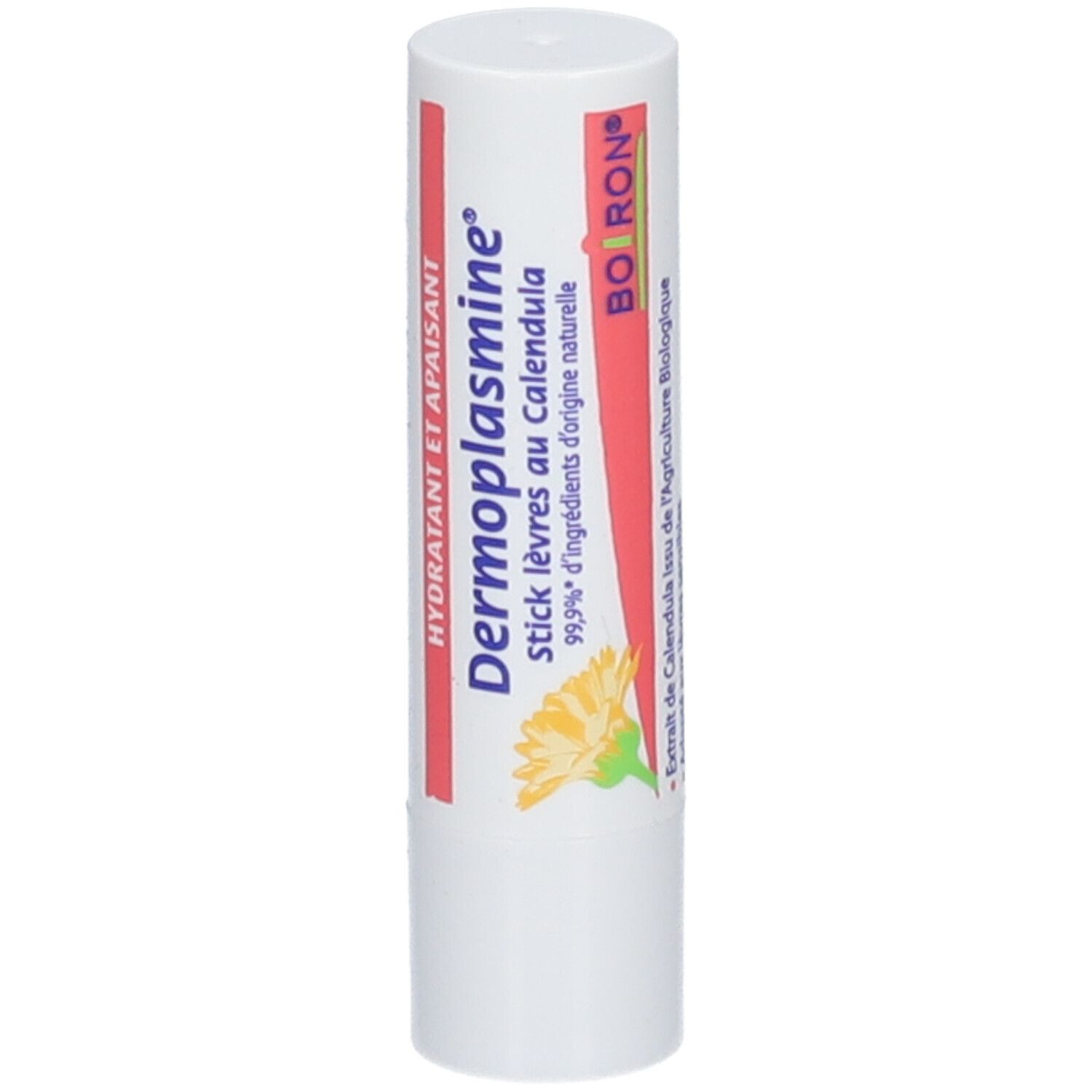 Stick lèvres Dermoplasmine au Calendula. Emballage blanc avec texte bleu et rouge, illustration de fleur.