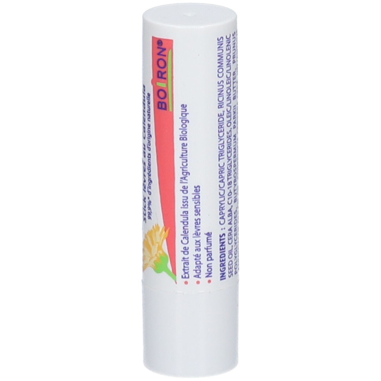 Stick lèvres Dermoplasmine au Calendula. Emballage blanc avec texte bleu et rouge, illustration de fleur.