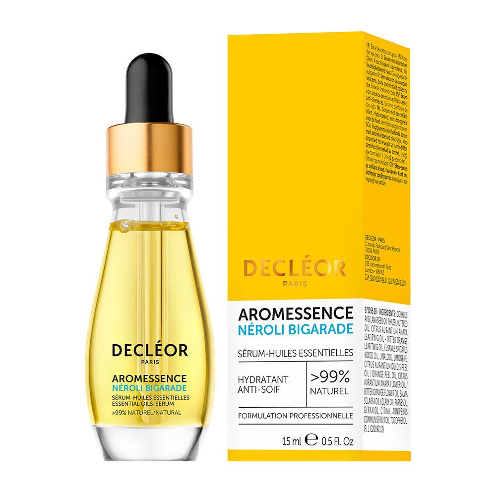 Flacon jaune et boîte jaune. Pipette noire, bouchon doré. Texte : Decléor, Aromessence.