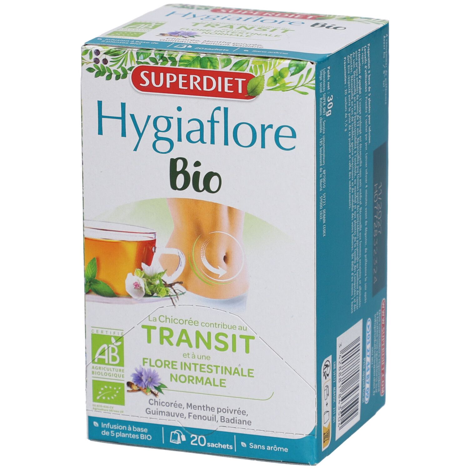 Boîte Superdiet Hygiaflore Bio. Transit, Flore Intestinale Normale. 20 sachets. Certification AB-Bio.