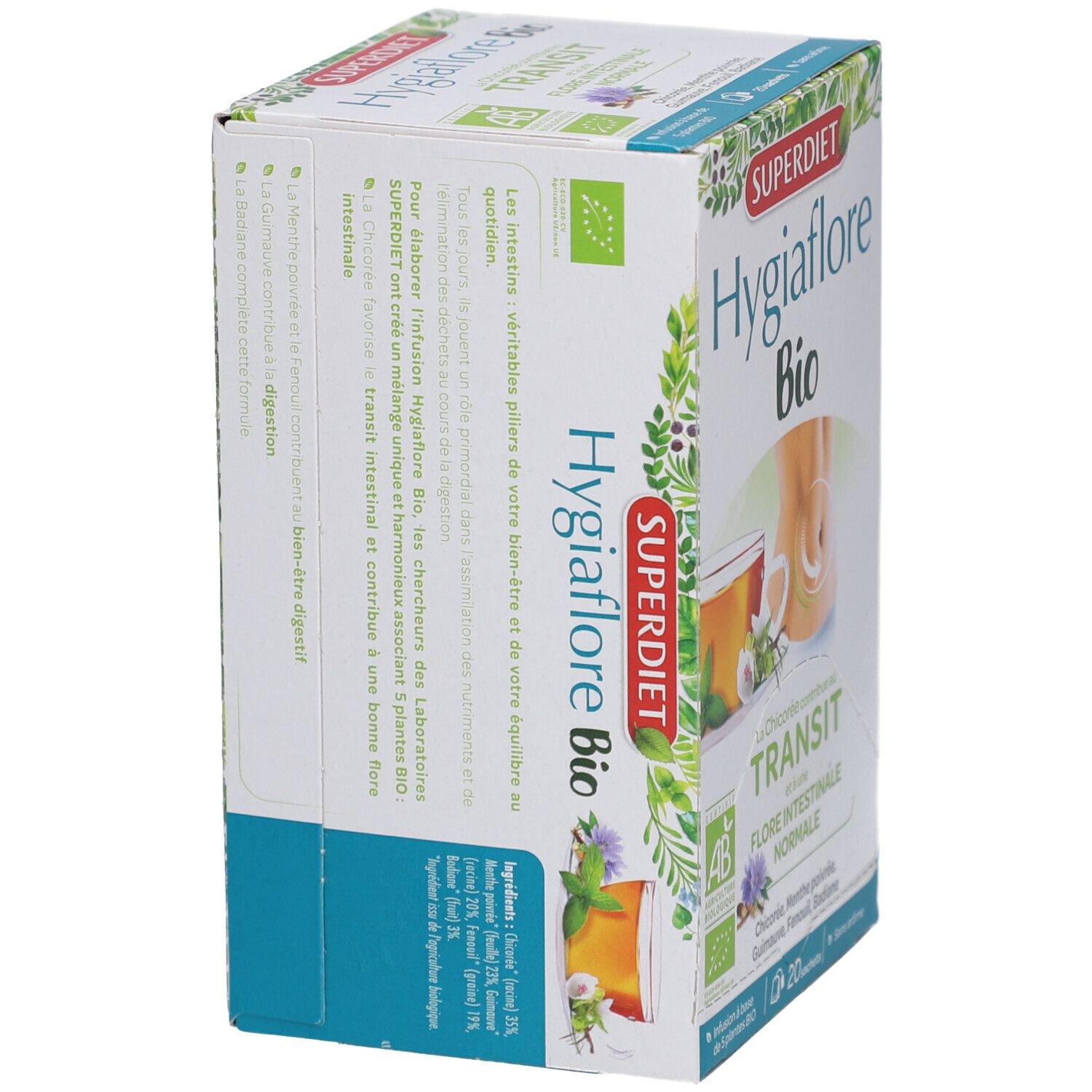Boîte Superdiet Hygiaflore Bio. Transit, Flore Intestinale Normale. Certification AB-Bio. Vue latérale.