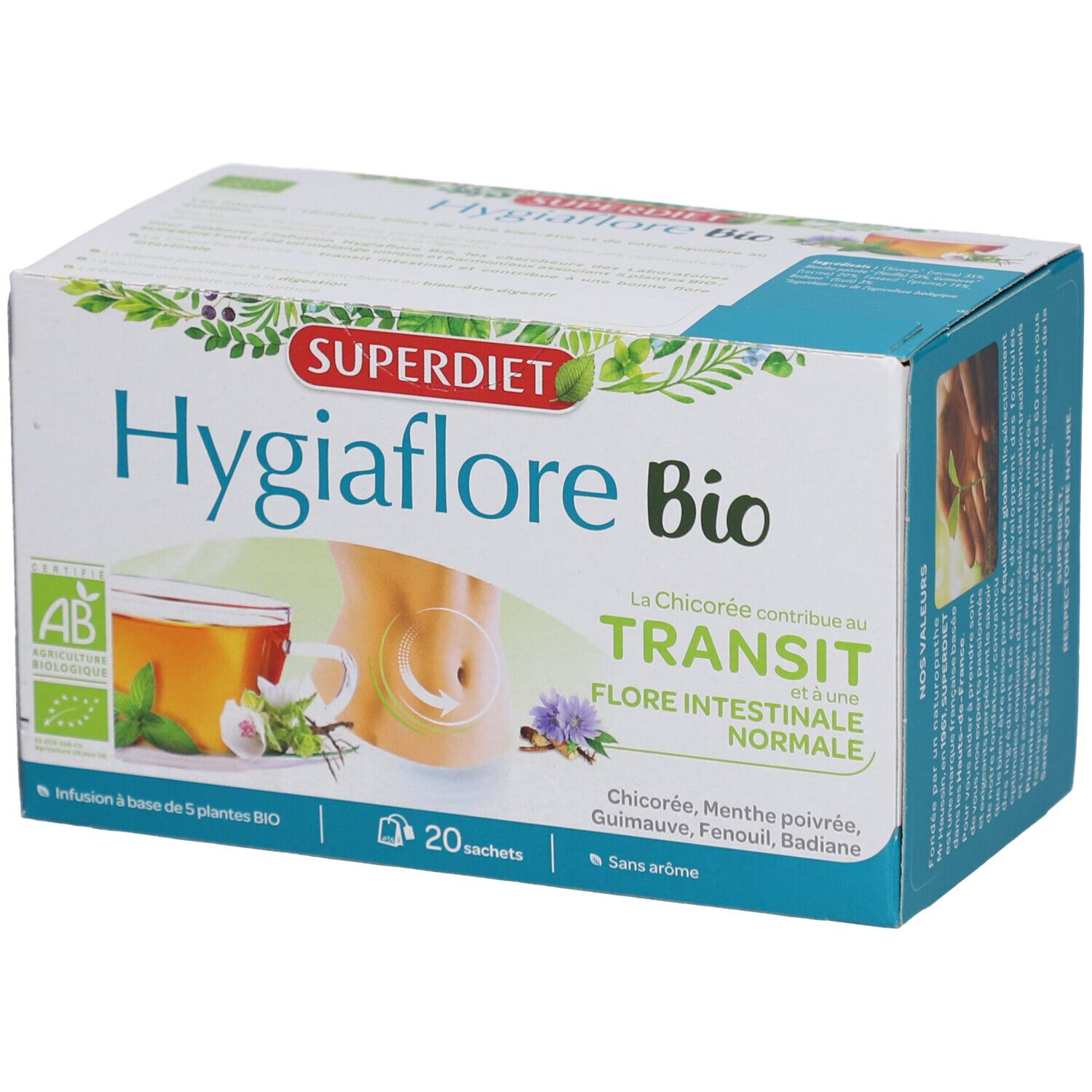 Boîte Superdiet Hygiaflore Bio. Transit, Flore Intestinale Normale. 20 sachets. Certification AB-Bio.